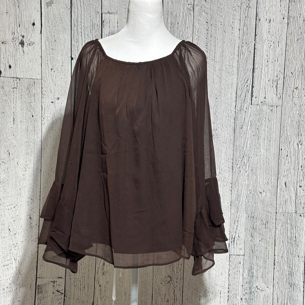 Loft Womens Brown Sheer Ruffle Bell Sleeve Blouse Top Medium New